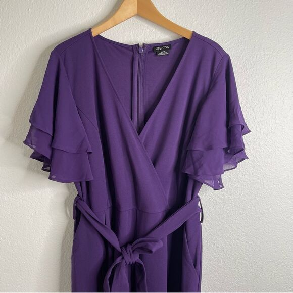City Chic Jumpsuit Purple Tie Waist Flutter Sleeve Size 18 - Picture 3 of 6